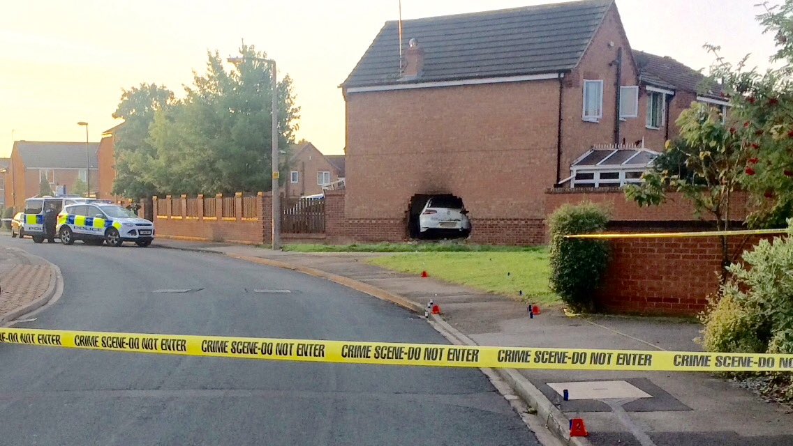 itvcalendar's tweet photo. The scene of the crash and fire at Rivelin Way, York. 4 injured, 3 seriously, including man who was in house. Car set house alight. https://t.co/73CLtYUz3E