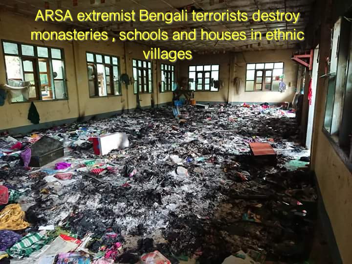 YadanarSoe4's tweet photo. ARSA extremist Bengali terrorists destroy monasteries , Buddha images, schools and houses in ethnic villages https://t.co/xQvpUHw3Ct