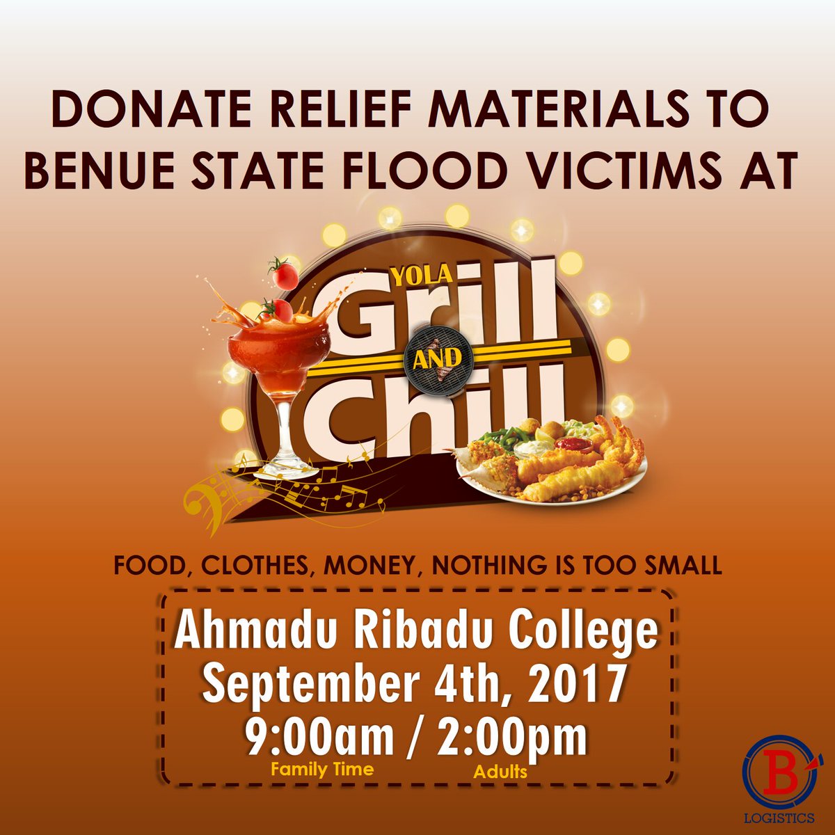 B_LogisticsNG's tweet photo. As we celebrate Sallah, let us try to remember the people in Benue State. 
Nothing is too small. #YolaGrillAndChill https://t.co/hUp7vWyezR