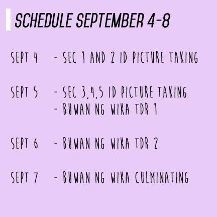 ACBATCH2020's tweet photo. Schedule for this week! Please wear RED UNIFORM for the ID pic taking during FIL!! TENCHU 💜💜💜 https://t.co/KPTMobopvV