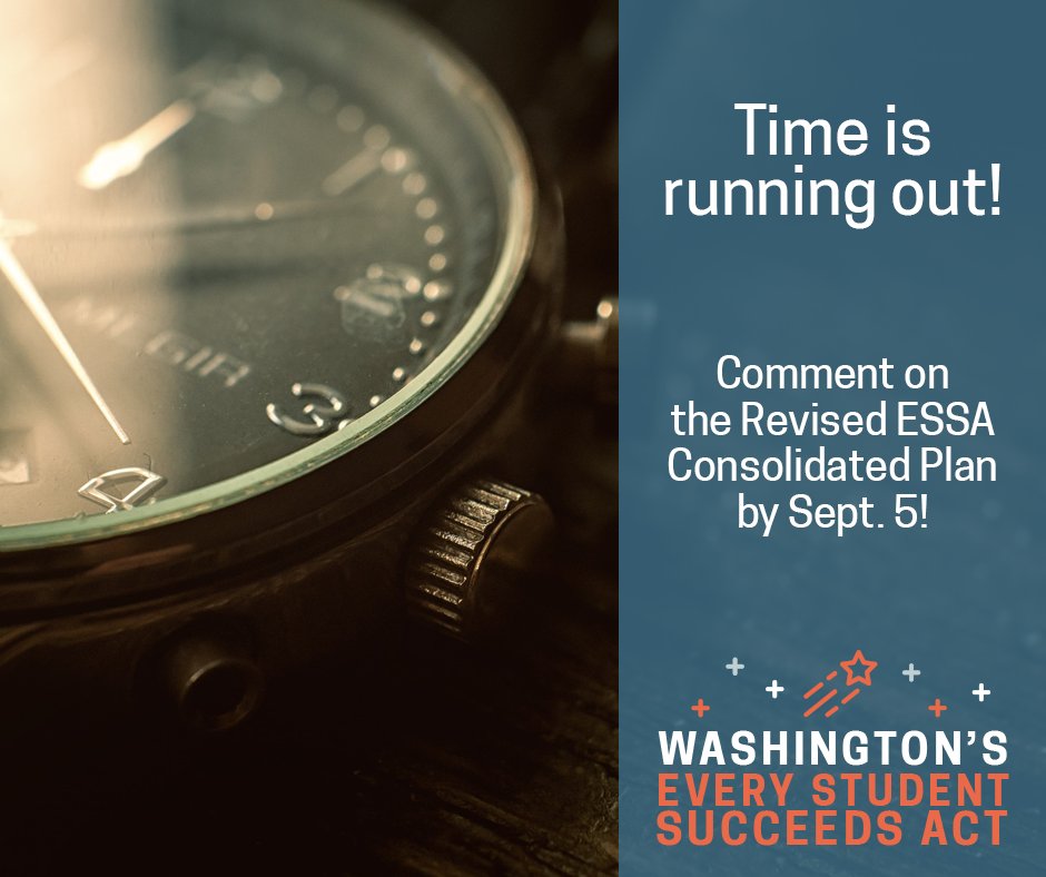 waOSPI's tweet photo. Only a few days left to comment on the #waESSA Consolidated Plan! Read the plan and comment by 9/5 #waedu: https://t.co/aUel83vFsz https://t.co/bWpUwVVw43
