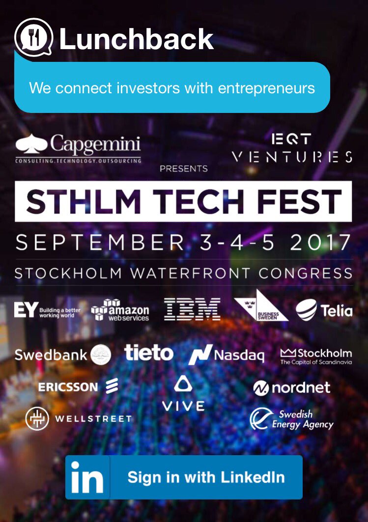 LunchbackAB's tweet photo. Did you sign up for the investor/startup match making today ? Hurry up :) #sthlmtech #SthlmTechFest https://t.co/r0GOi3eyVd