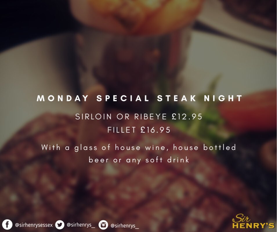 sirhenrys_'s tweet photo. It's #SteakNight at Sir Henry's tomorrow!
Sirloin / Ribeye £12.95
Fillet £16.95
With a glass of house wine / bottled beer or soft drink https://t.co/IUx4DpVs2E