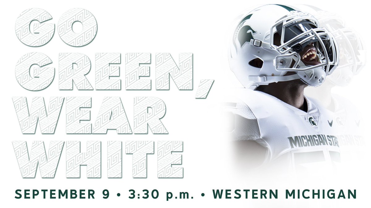 MSU_Football's tweet photo. #GoGreenWearWhite on Saturday! The team will be wearing all white &amp; ask fans to white out Spartan Stadium. Tickets: https://t.co/5UnoFje6CC https://t.co/XRzG0E2RGF