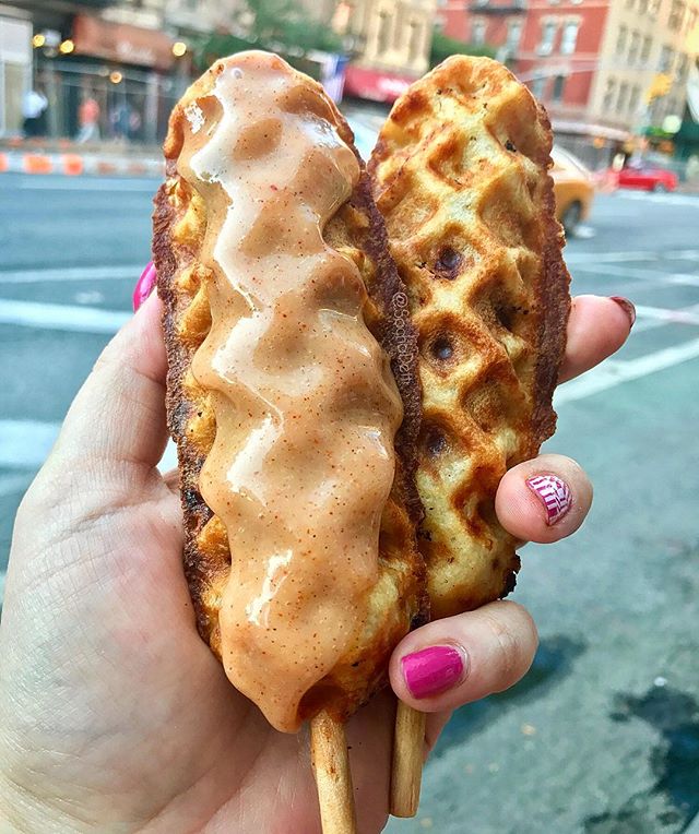 kingsofkobe's tweet photo. Who said brunch can't be on a stick?? Kobe style beef frank wrapped in a waffle with spicy maple syrup aioli. 📷: @sachadetti #kingsofkobe https://t.co/JQWh9MOvaq