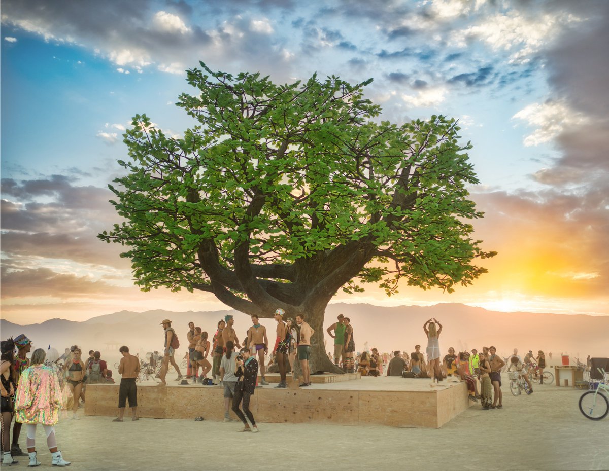 TreyRatcliff's tweet photo. The tree that glowed all day and all night. One evening, there was a 70-piece orchestra here and a ballet!#Burningman #treeoftenere https://t.co/nwvsUlDkrv