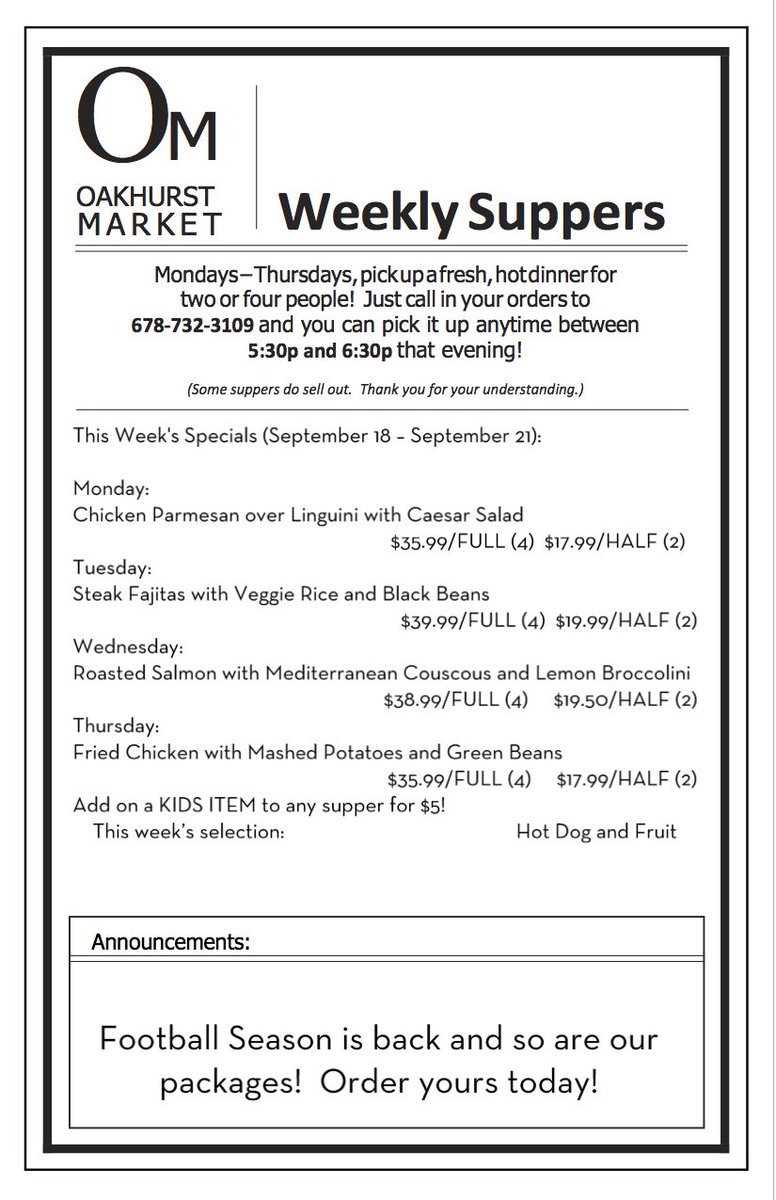 Don't feel like cooking this week?  We got you covered!