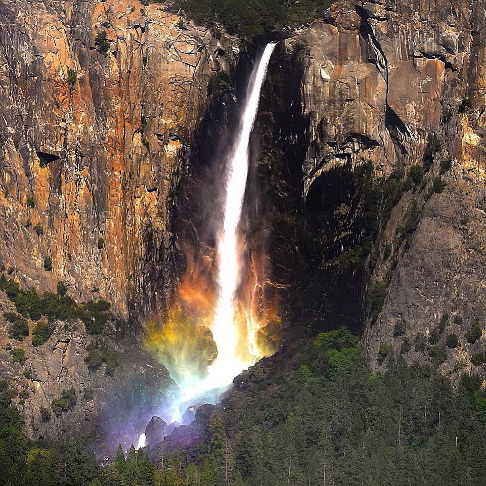 Waterfall in Yosemite becomes rainbow colored when the sun strikes it from certain angles 
Photo by Justin Lee