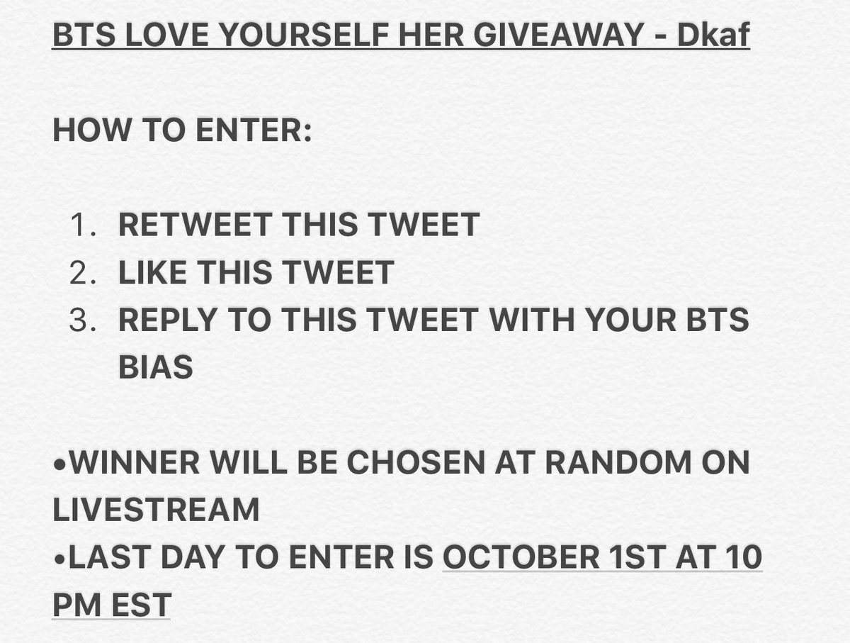 DkafTV's tweet image. BTS LOVE YOURSELF HER GIVEAWAY

1 LUCKY WINNER

HOW TO ENTER THE GIVEAWAY: