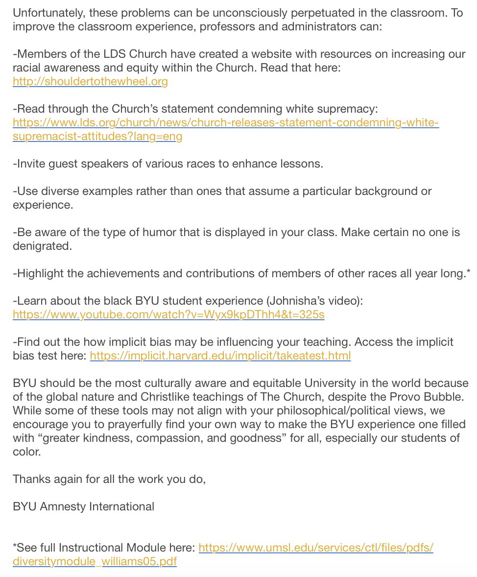 BYUAmnesty's tweet photo. We recently sent an email to all BYU faculty urging them to consider how race effects the classroom. Read it here: https://t.co/kECkxSs2O0