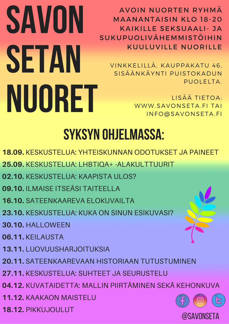 setapohjoissavo's tweet photo. Kuopion nuorten ryhmän syksyn ohjelma: / / Rainbow youth Kuopio autumn program:
#savonseta #setanuoret https://t.co/11WBVPKcQO