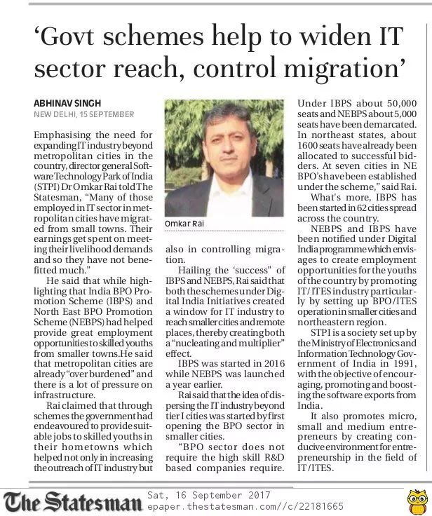 stpiindia's tweet image. DG STPI @Omkar_Raii: “Govt schemes expanding IT sector reach, controlling migration” bit.ly/2wilEbP #BPOScheme @rsprasad @KJAlphons