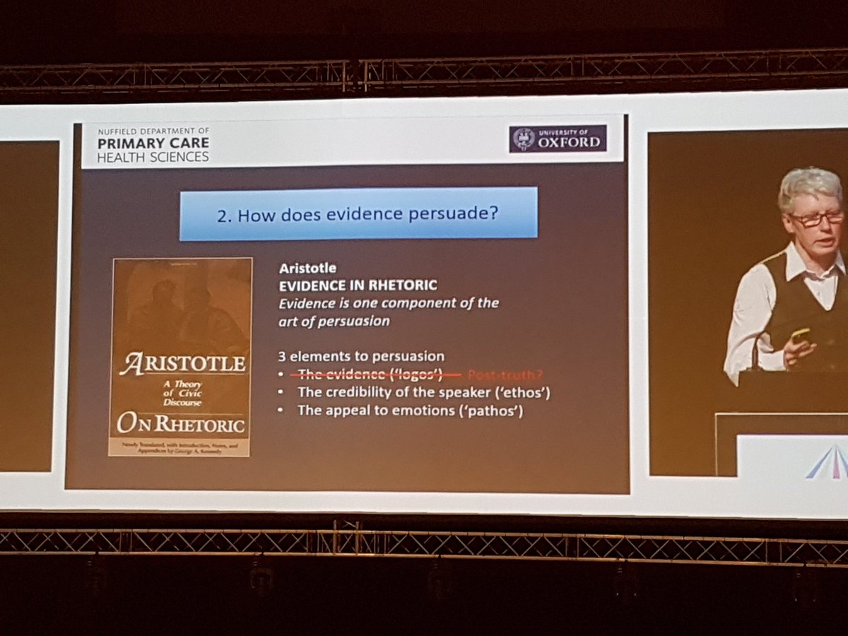 Forget logos (evidence) in a post truth world. Only credibility of speaker and appeal to emotions count <a href="/trishgreenhalgh/">Trisha Greenhalgh</a> #gesummit17