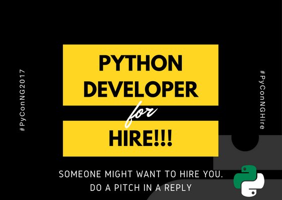 pyconnigeria's tweet photo. Looking to #hire a #Python #Developer? Check this thread for available #Pythonista-s. Do a #PyConNGHire #today!
#PyConNG2017 #PyConNG https://t.co/BhNehgn1hQ