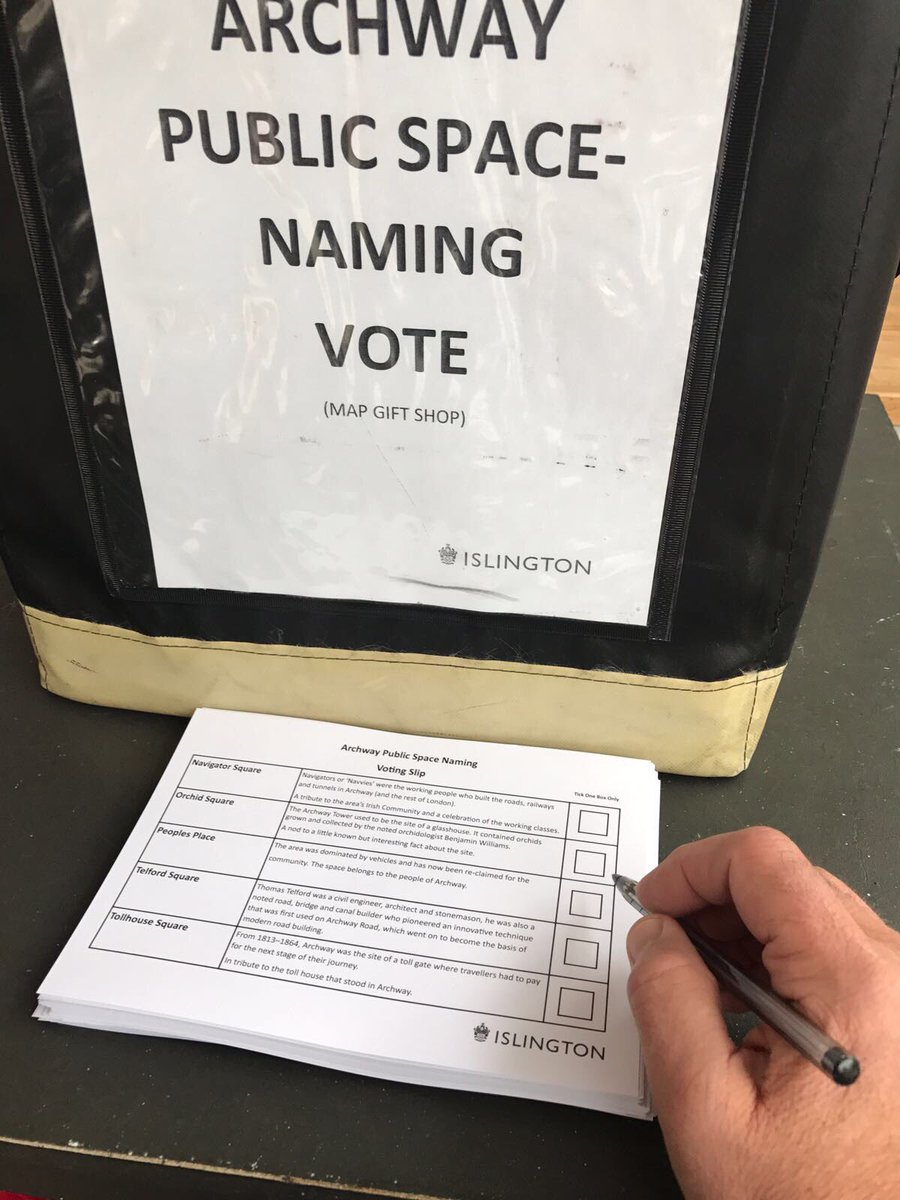 mapgiftshop's tweet photo. Here are the optons! Come and vote for the name of Archway's New Square! Ballot Box in store! Voting starts at 10! https://t.co/F8NLTMWzNC