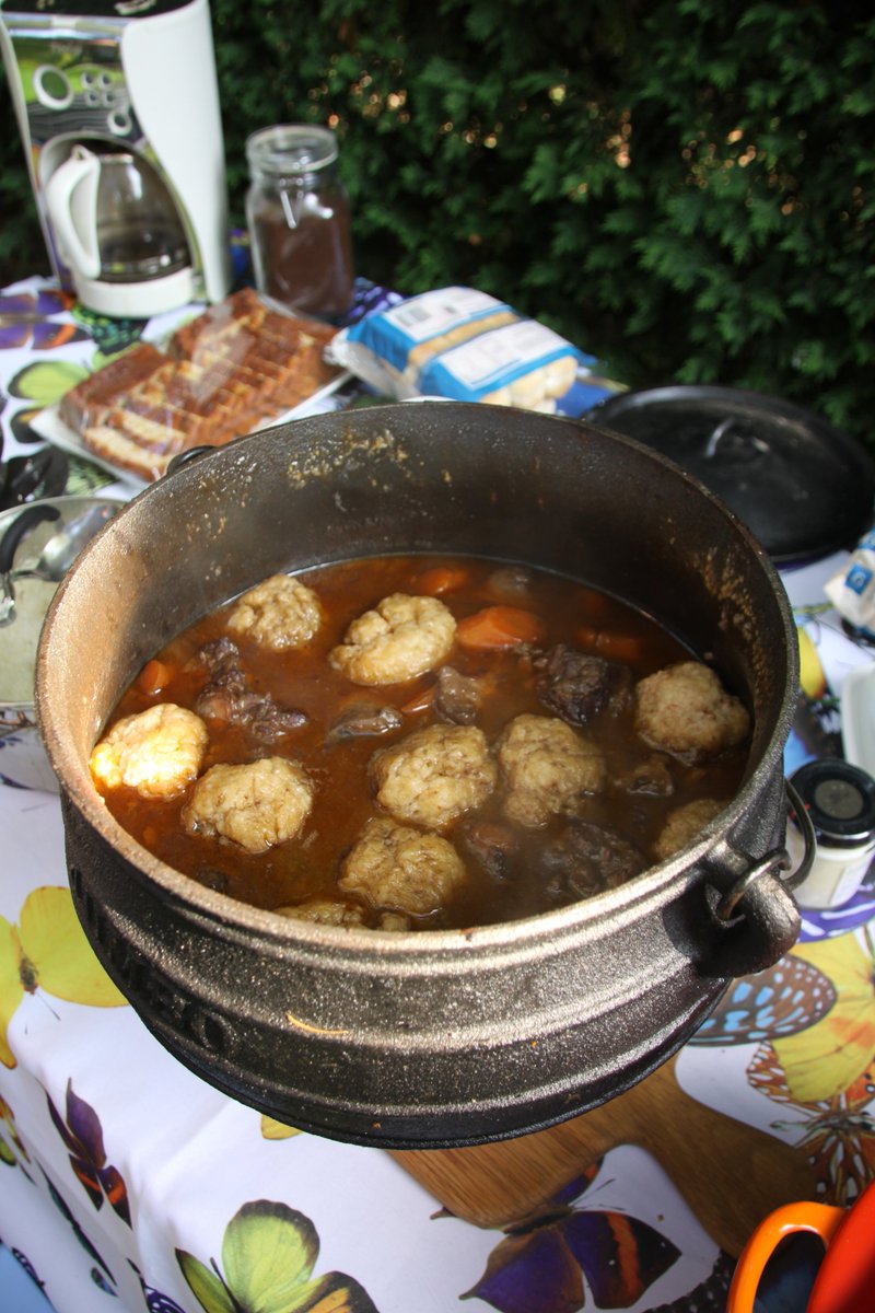 LindyMcD1's tweet photo. @sat_jamesmartin Outdoor cooking:  South African potjie (pronounced poy-key) on a kadai - oxtail with dumplings - 6 hours of cooking!!! https://t.co/wQCbJZ3AAH