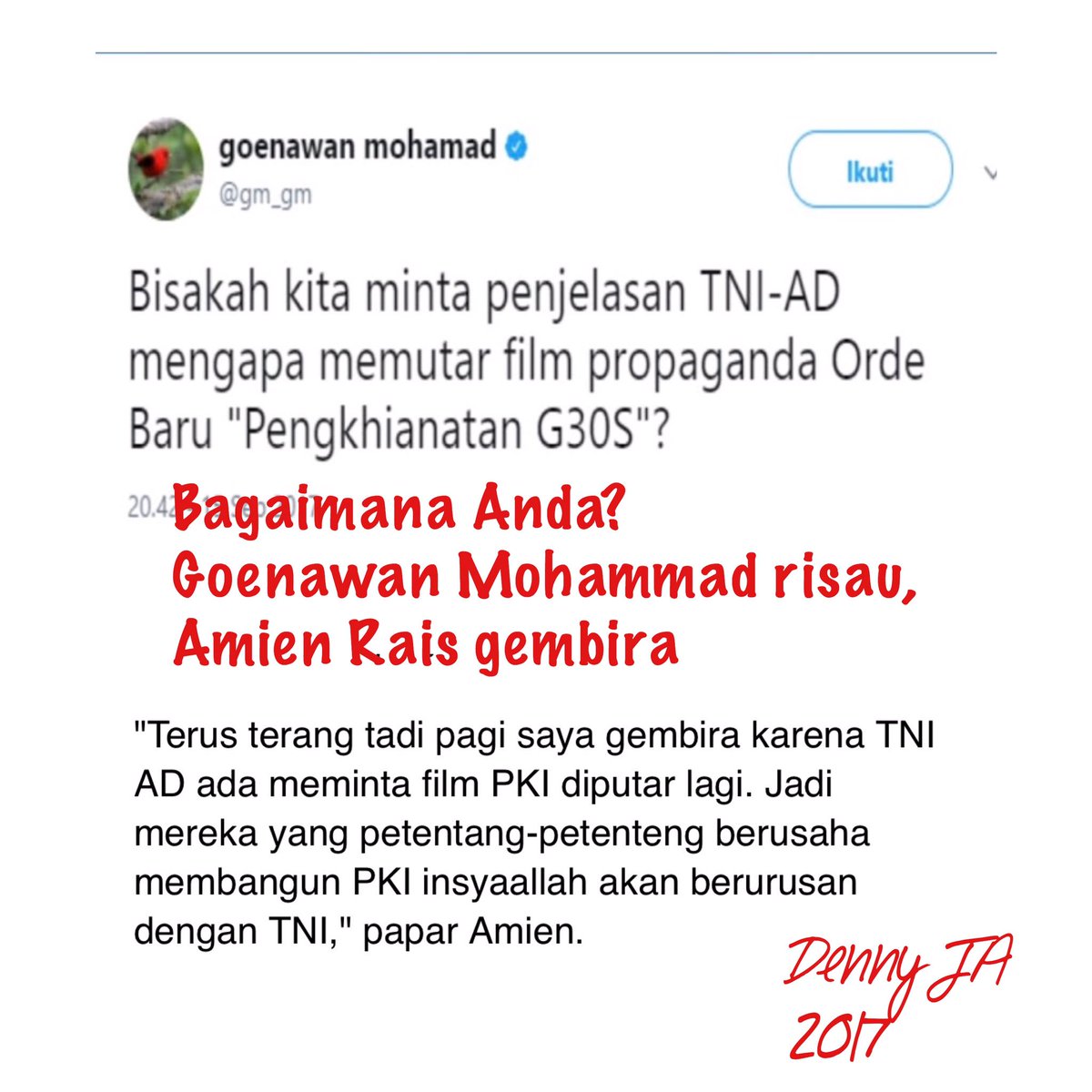 Soal diputarnya kembali film Penghianatan G30S PKI, ada yg risau ada yg gembira. Bagaimana anda?