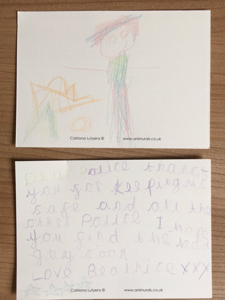BTPCasey's tweet photo. Thank you to Beatrice &amp; Eloise who gave us these beautiful cards whilst patrolling Parsons Green this morning. Very much appreciated 7364 https://t.co/JRHs3l3smG