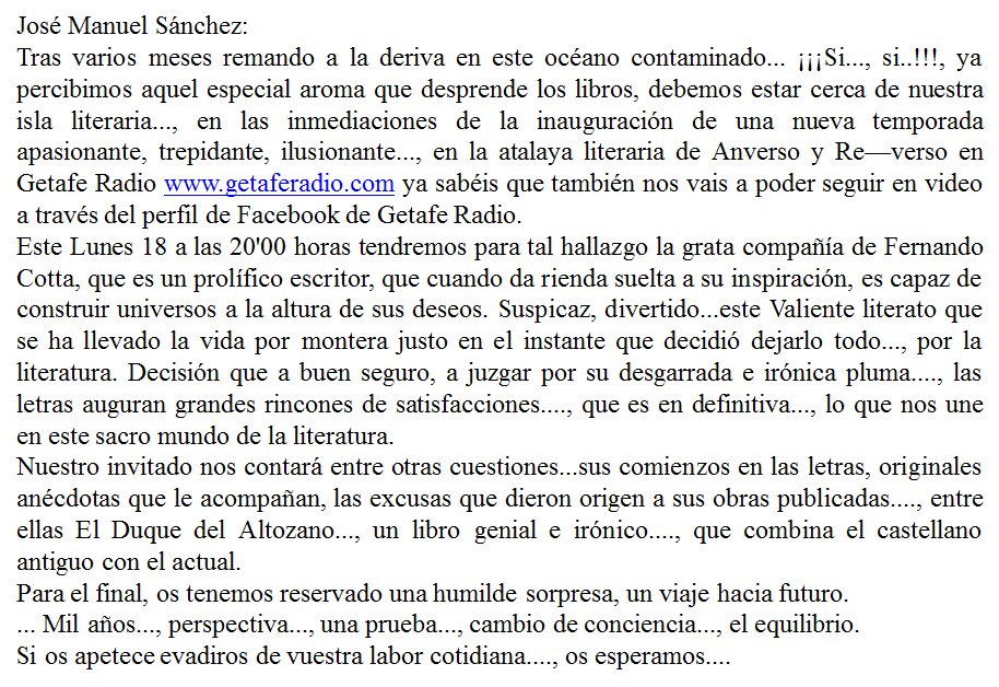 Fernando Cotta Pollo (@fcotta63) on Twitter photo Lunes 18 a las 20 h en <a href="/GetafeRadio/">Getafe Radio</a> J.M Sánchez El Loco de la Nueva Era VS <a href="/Fcotta63/">Fernando Cotta Pollo</a> en ANVERSO Y REVERSO getaferadio.com #Espana Lunes 18 a las 20 h en <a href="/GetafeRadio/">Getafe Radio</a> J.M Sánchez El Loco de la Nueva Era VS <a href="/Fcotta63/">Fernando Cotta Pollo</a> en ANVERSO Y REVERSO getaferadio.com #Espana