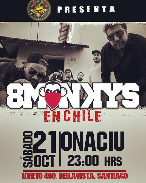 8MONKYS_BAND's tweet photo. Encantados de reencontrarnos en este único show en #SantiagoDeChile antes de continuar nuestra gira por #México  #21deOctubre @onaciu https://t.co/ZhQmrTCupd