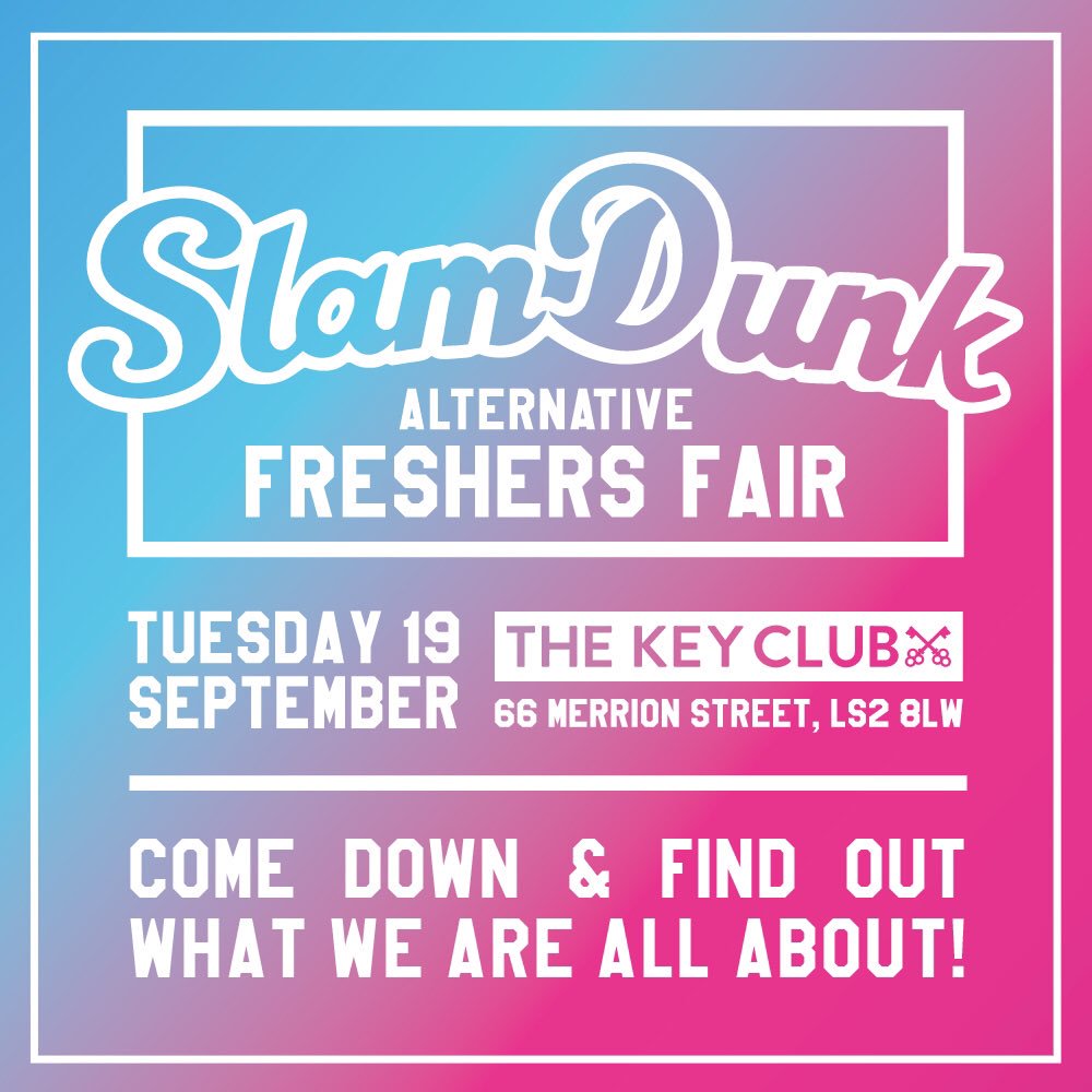 We'll be at the <a href="/SlamDunkMusic/">Slam Dunk Festival</a> Freshers Fair on Tuesday at <a href="/thekeyclubleeds/">The Key Club</a> // We'll have freebies and selling vinyl &amp; brownies!!