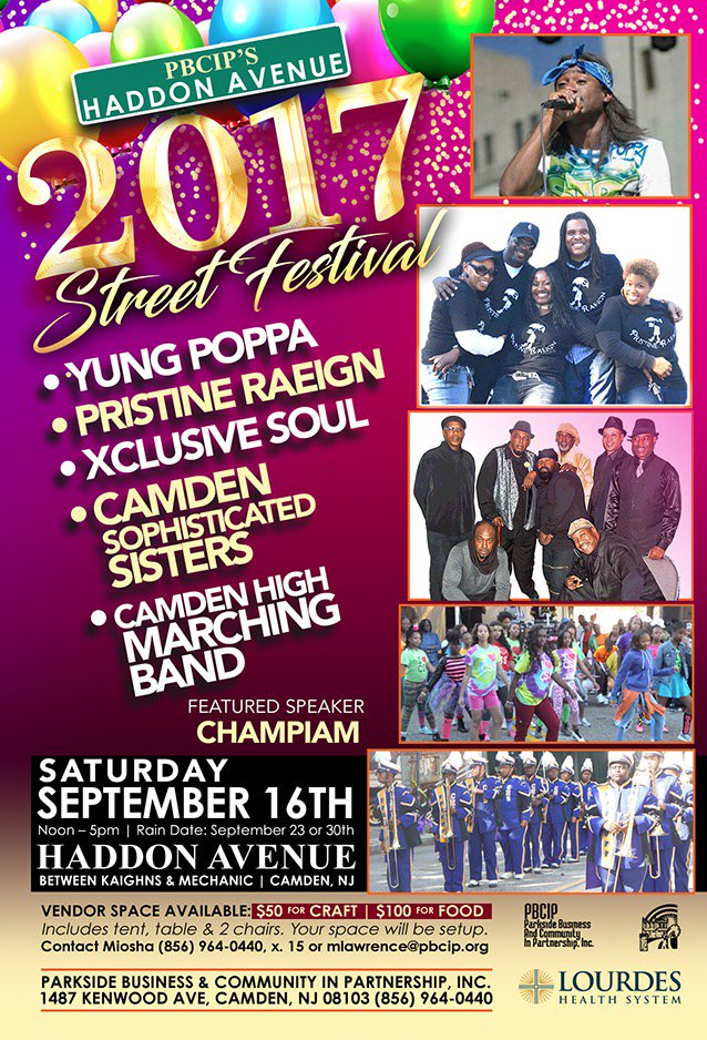 PBCIP's tweet photo. Come out at Noon today to the 2017 Haddon Avenue Street Festival!
#ParksideStreetFest
#ParksidePerfection
#PBCIP https://t.co/n8oFWgdCC6