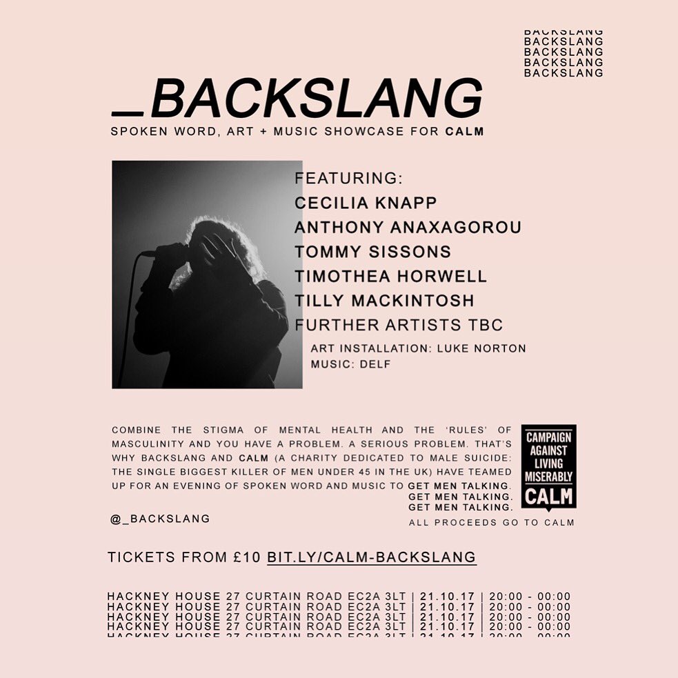 th_poet's tweet image. Tickets released for BACKSLANG on 21st October at @hackneyhouseuk in aid of @thecalmzone! #spokenword #poetry

bit.ly/calm-backslang