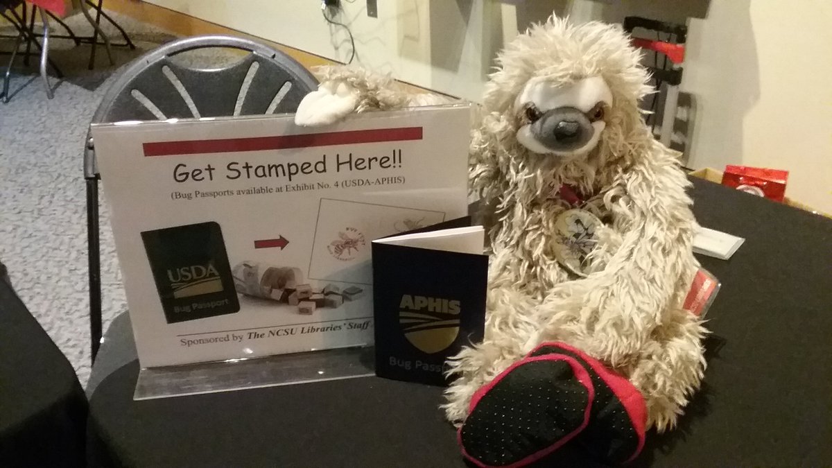 DebbieCurrie's tweet photo. #DataSloth wants to stamp your @USDA_APHIS Bug Passport @ncsulibraries #BugFest booth 80 @ncsulibresearch https://t.co/3LzrsQWBDB