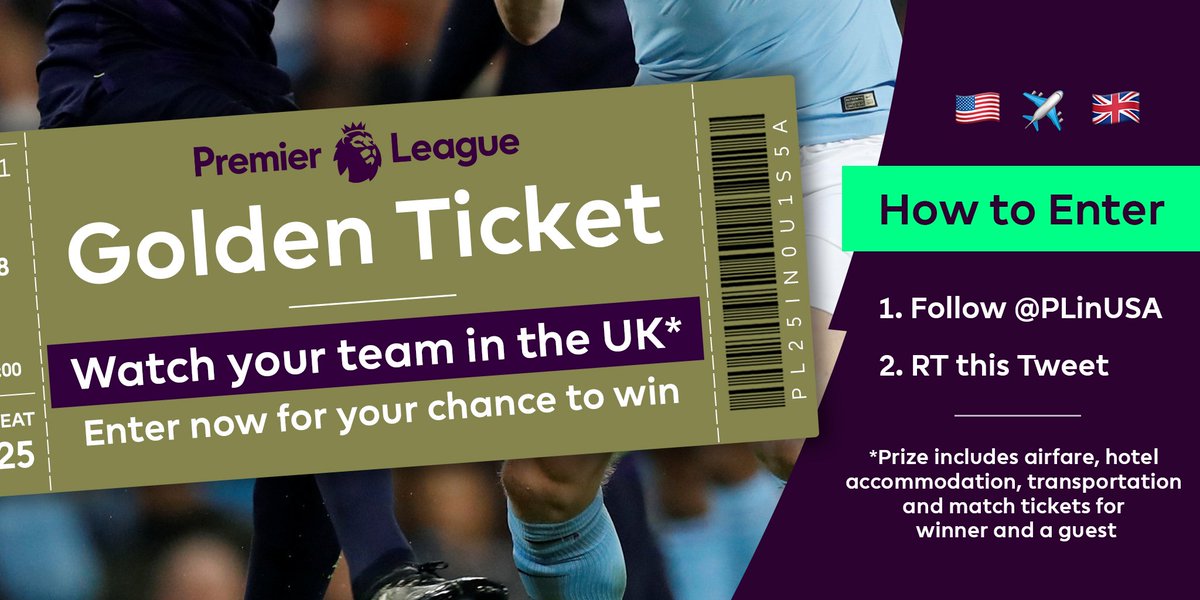RT and follow and all of this could be yours!

You ✅
Friend ✅
Trip to the UK ✅
See your #PL club play ✅

#PLGoldenTicketSweepstakes 🇺🇸✈️🇬🇧