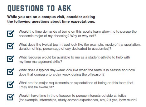 ncaaec's tweet photo. As you take campus visits, consider asking coaches these time-management questions developed by @Div1SAAC: https://t.co/u7DBwWIhRY https://t.co/FOy6UqiNRp