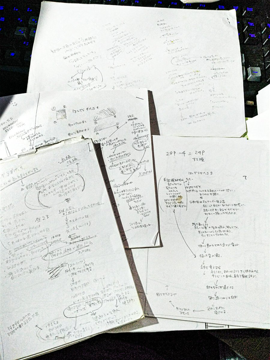 #わたしのネームの描き方
取り敢えず思いつくままにばーっと書き起こして、それを元にネームに落とし込む…感じ?取り敢えず頭からケツまでと、蛇足も加えつつ起こすの、漫画としてコマに落とし込むのも大変だからおすすめしない
そして字が汚い