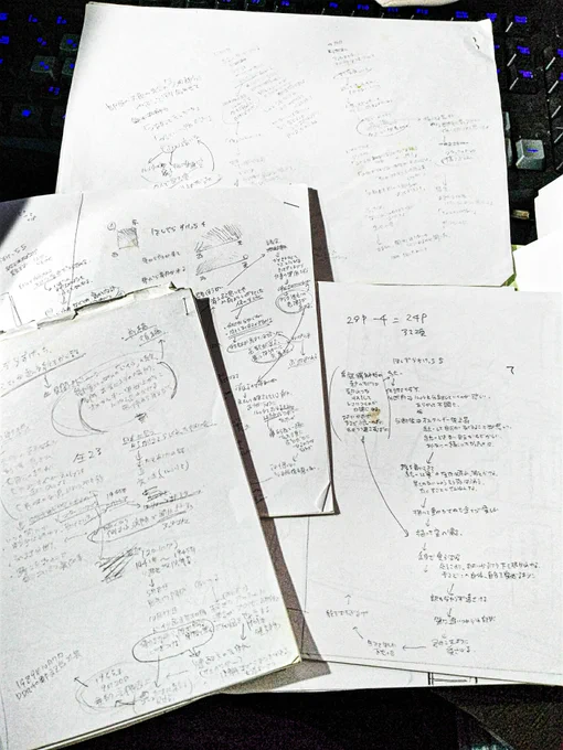 #わたしのネームの描き方
取り敢えず思いつくままにばーっと書き起こして、それを元にネームに落とし込む…感じ？取り敢えず頭からケツまでと、蛇足も加えつつ起こすの、漫画としてコマに落とし込むのも大変だからおすすめしない
そして字が汚い 