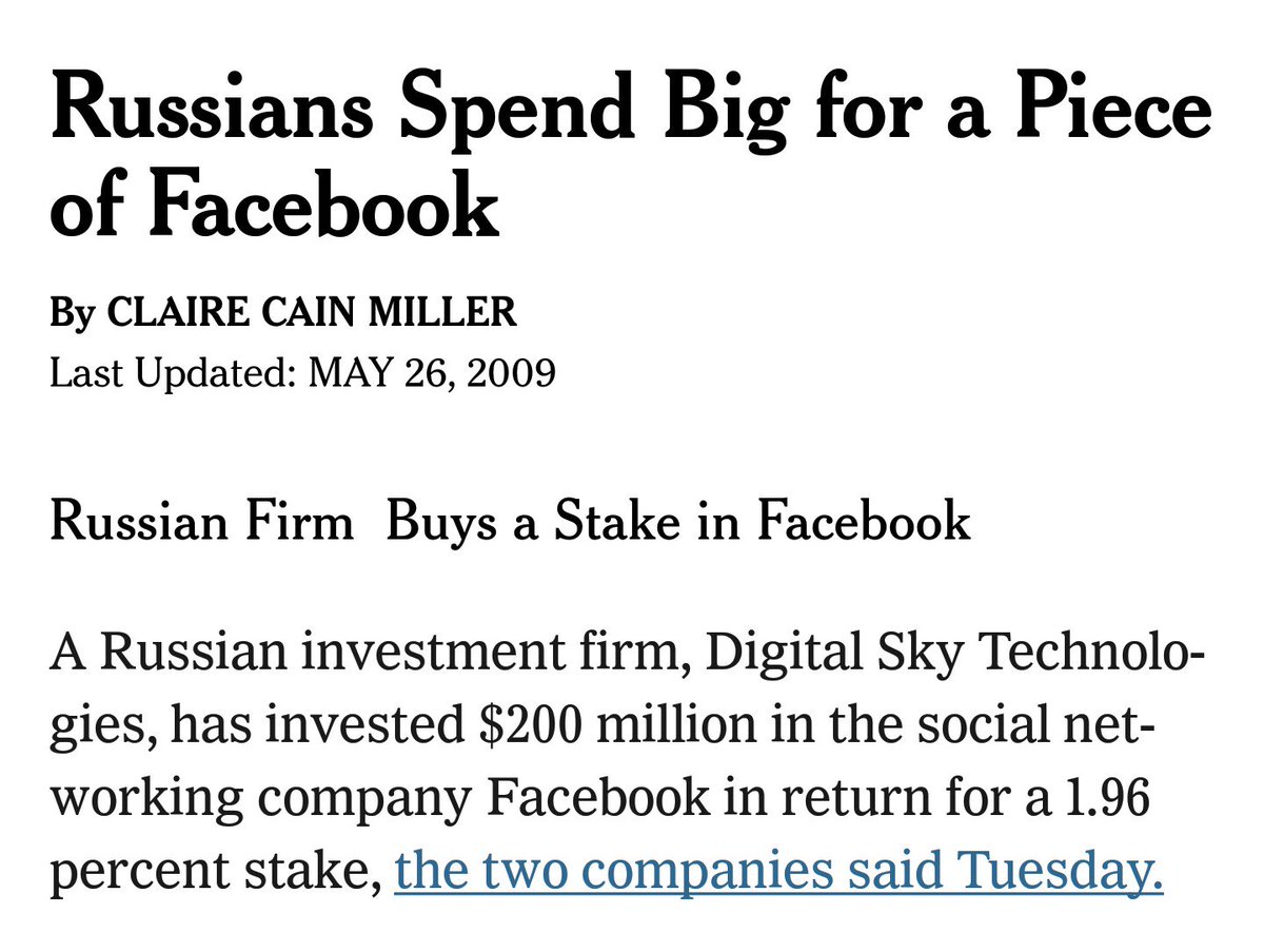 18/ 2009: Facebook takes investment deal to become a partner with a Russian firm. https://www.nytimes.com/2009/05/27/technology/internet/27facebook.html