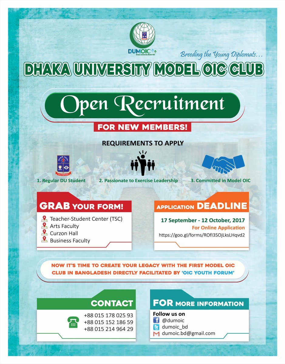 dumoic_bd's tweet photo. It's time to create your legacy with Dhaka University Model OIC Club (DUMOIC). 
#MemberRecruitment2K17
#Model_OIC
#ICYFDC
#OIC https://t.co/wY94SgzDgV