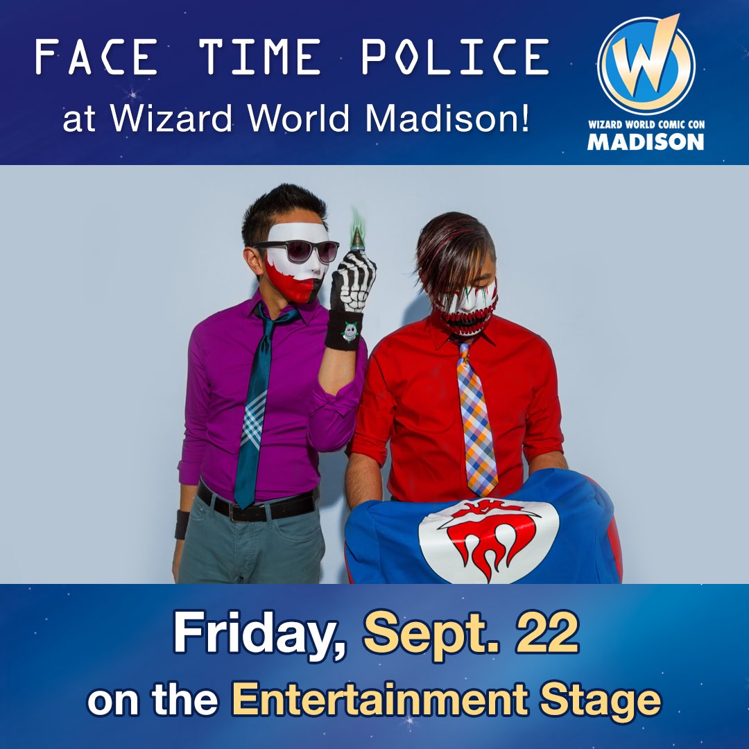 FaceTimePolice's tweet photo. We can't wait to perform at @WizardWorld Madison on Friday! 🎤😎💀🎸 #WizardWorldMadison #WizardWorld ##MadisonComicCon #comics #music https://t.co/JZhLfou0Fl