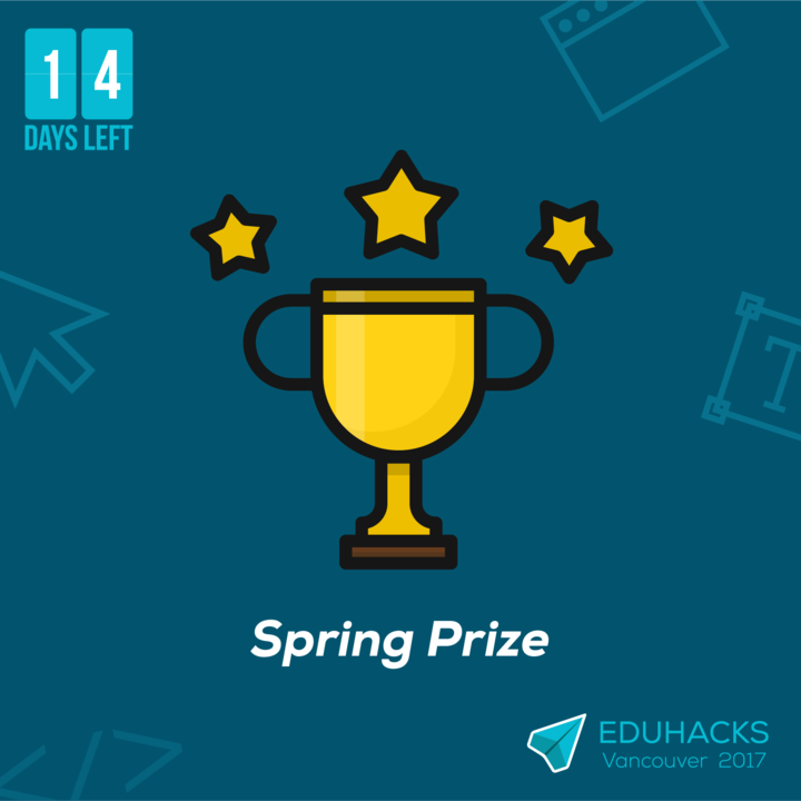 eduhacksca's tweet photo. 14 DAYS LEFT!
MORE #prizes to be won from @Spring_is
Visit our FB page for more details https://t.co/xqsqzHT5NV
#SpringAlumni #startup #win https://t.co/V81p9NjLHy