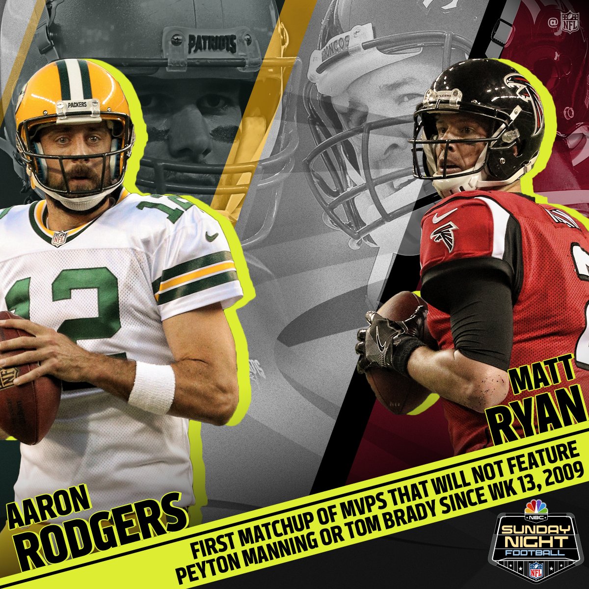 NFL's tweet photo. .@AaronRodgers12 vs. @M_Ryan02.
@SNFonNBC.

This should be GOOD. #GBvsATL #GoPackGo #InBrotherhood https://t.co/0glWcV1ssr