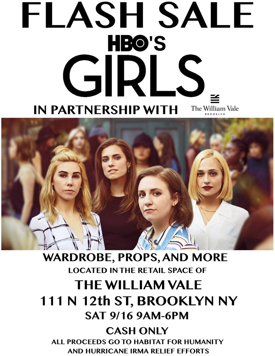girlsHBO's tweet photo. “You wanna trade shirts?”
Stop by @thewilliamvale for the #Girls Flash Sale to purchase clothing &amp; props. Proceeds go to hurricane relief. https://t.co/WeqqZrftlx