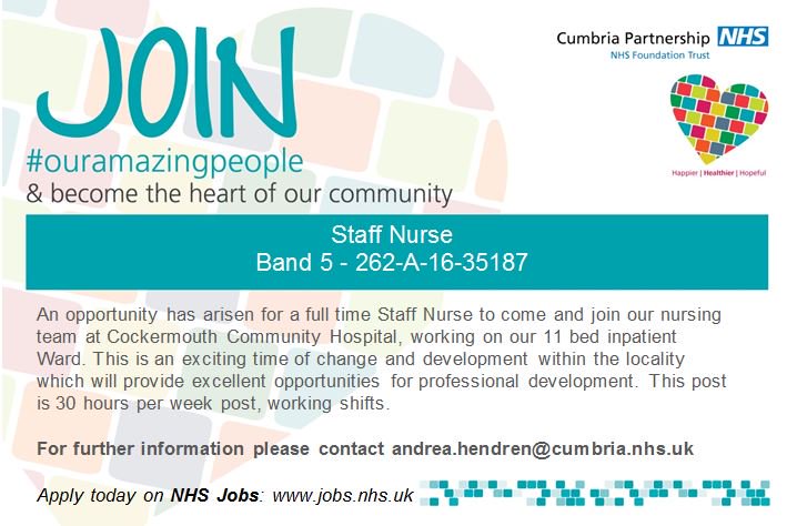 CPFT are looking to recruit a Staff Nurse to join our fantastic team at Cockermouth Hospital! Join #ouramazingpeople ow.ly/M0GJ30faXL3