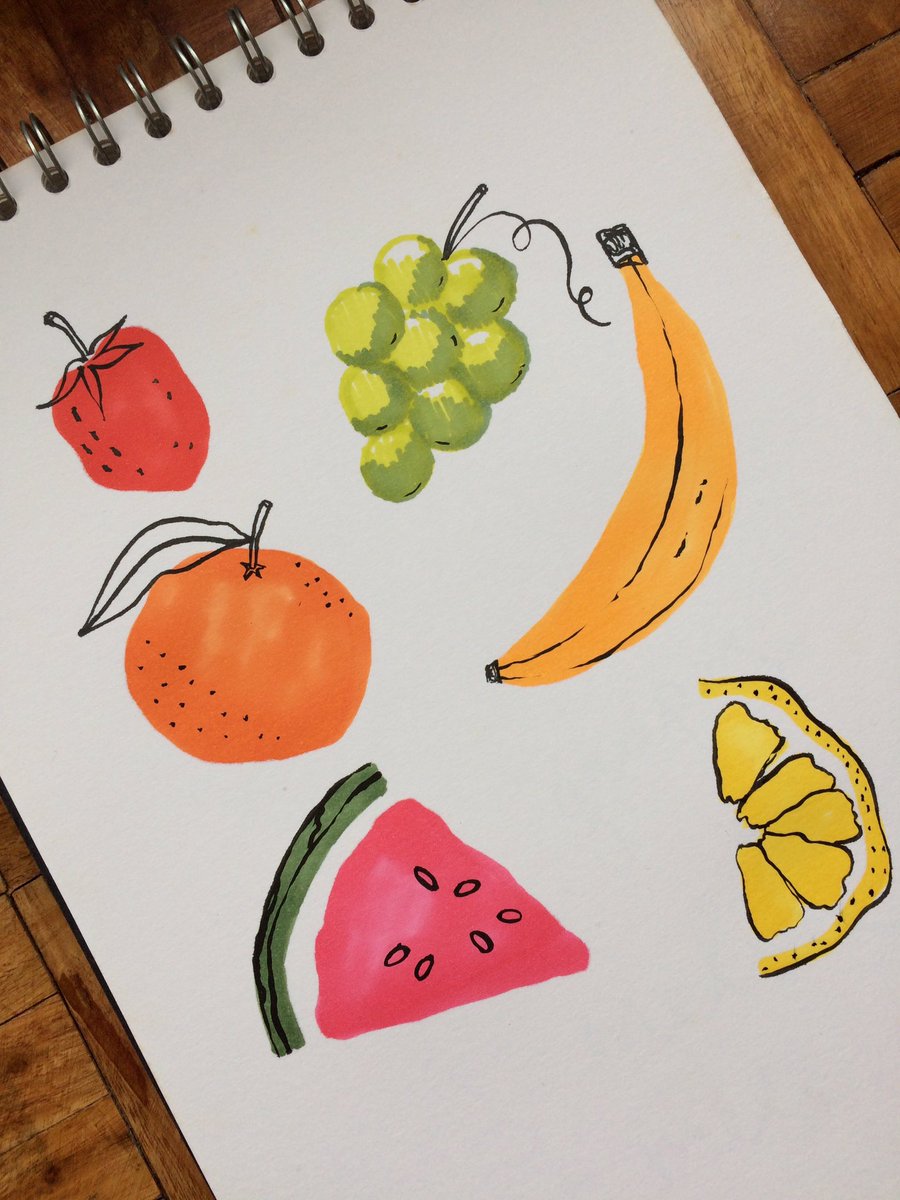 cjdillustration's tweet photo. Today's 20 min doodle 🍓🍊🍌 
Something a little different for me; combining pro markers with a brush pen! #illustration #fruity https://t.co/vfBcMFxA5f