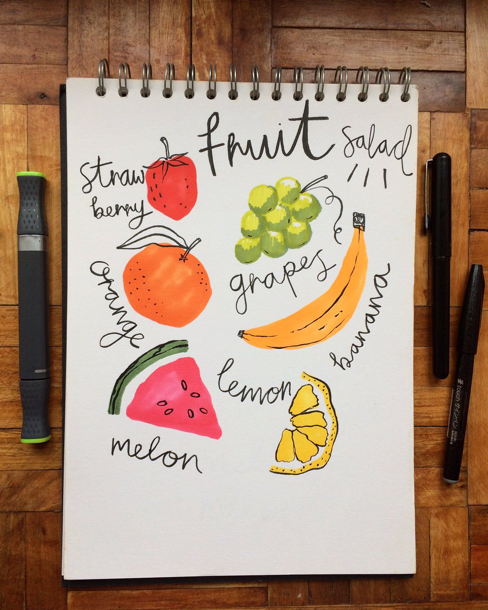 cjdillustration's tweet photo. Today's 20 min doodle 🍓🍊🍌 
Something a little different for me; combining pro markers with a brush pen! #illustration #fruity https://t.co/vfBcMFxA5f