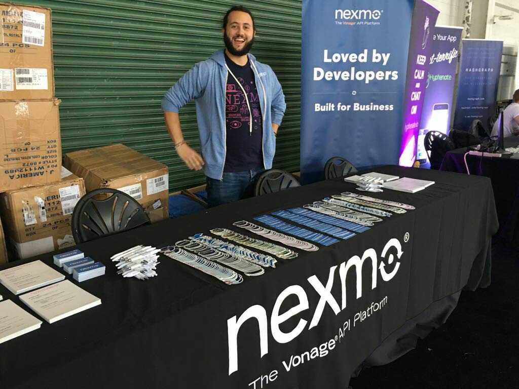 VonageDev's tweet image. We&apos;re all ready to give out some swag at the @TechCrunch #hackdisrupt hackathon! 🎉🎉🎊