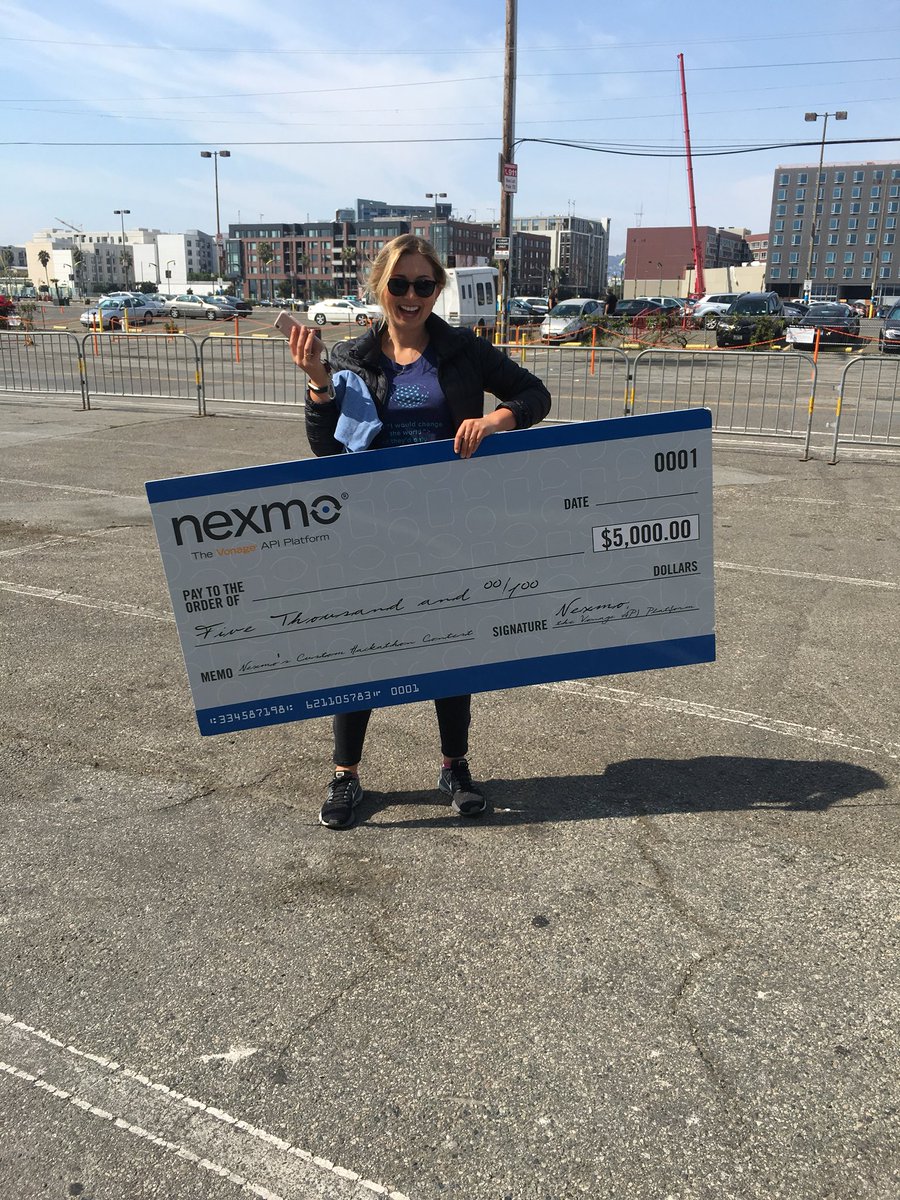 RauhmelFoxCEO's tweet image. Maggie @Nexmo carrying the BIG CHECK into the #TCDisrupt #hackdisrupt #techcrunch San Francisco #hackathon Who will win the $5,000 prize?!