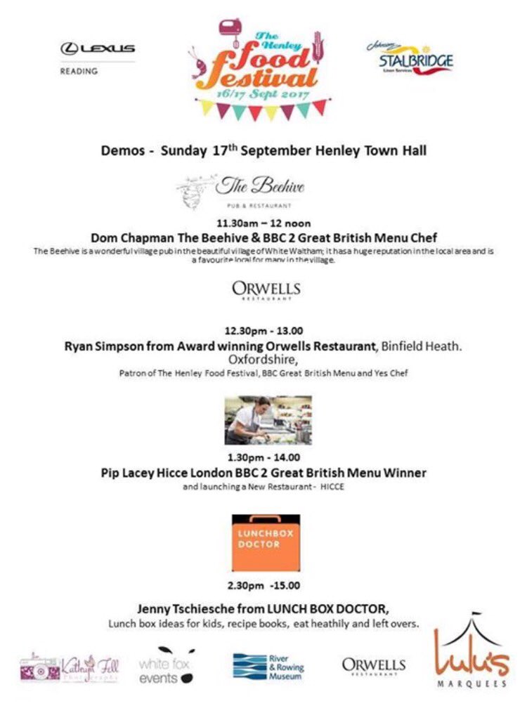 #cookery #demos #tomorrow (Sunday 17th) #Henley #foodfestival #thff17 <a href="/DomChapman/">Dominic Chapman</a> <a href="/chef_simpson/">Ryan Simpson</a> <a href="/PipLacey/">Pip Lacey</a> <a href="/jennytschiesche/">Jenny Tschiesche</a> #oxfordshire