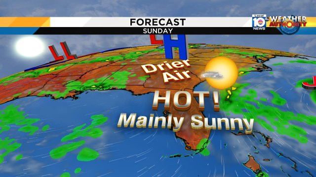 Mainly sunny & hot for your Sunday. Rain chances for any one neighborhood are low at 20%. Humidity likely down a tad https://t.co/jw4CJfNGlt