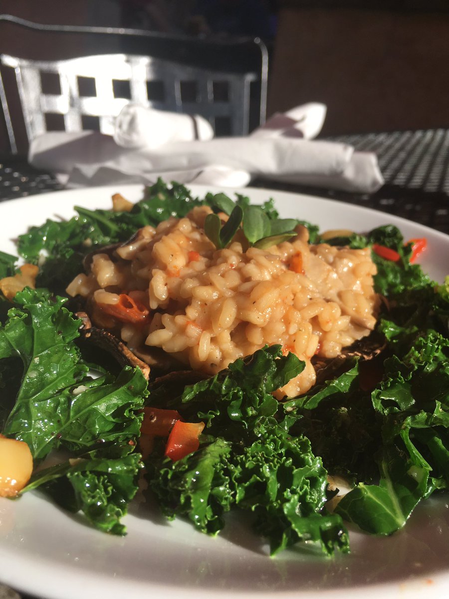 Tonight's dinner special! Sun-dried tomato and risotto stuffed portobello over confit garlic kale. See you for dinner!