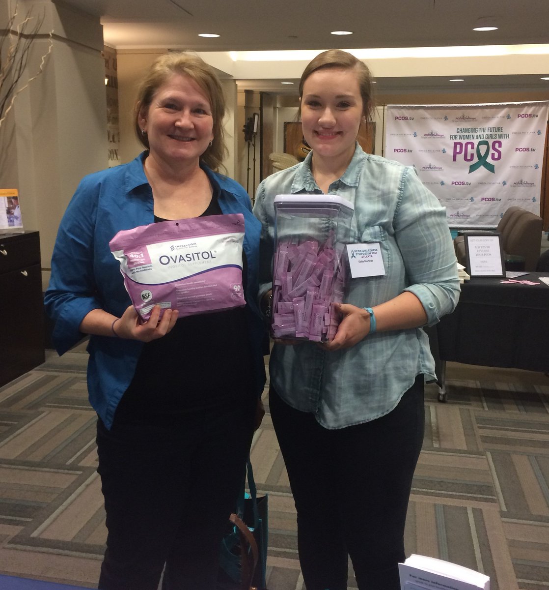 Theralogix's tweet photo. We are happy 2 announce that Katie Martinez & Kay Wood WON the big jar of Ovasitol. Thxs all! @pcoschallenge #PCOSC17 https://t.co/zwKHkncxra