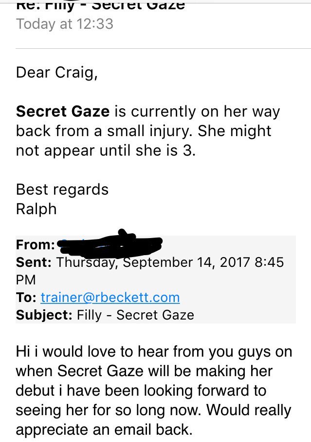 MaxRacingTips's tweet photo. Always nice when trainers go out of their way to reply to your emails. Mark my words guys this filly could be anything. #SecretGaze 🐎💨💨💨 https://t.co/EF6q9b12JV