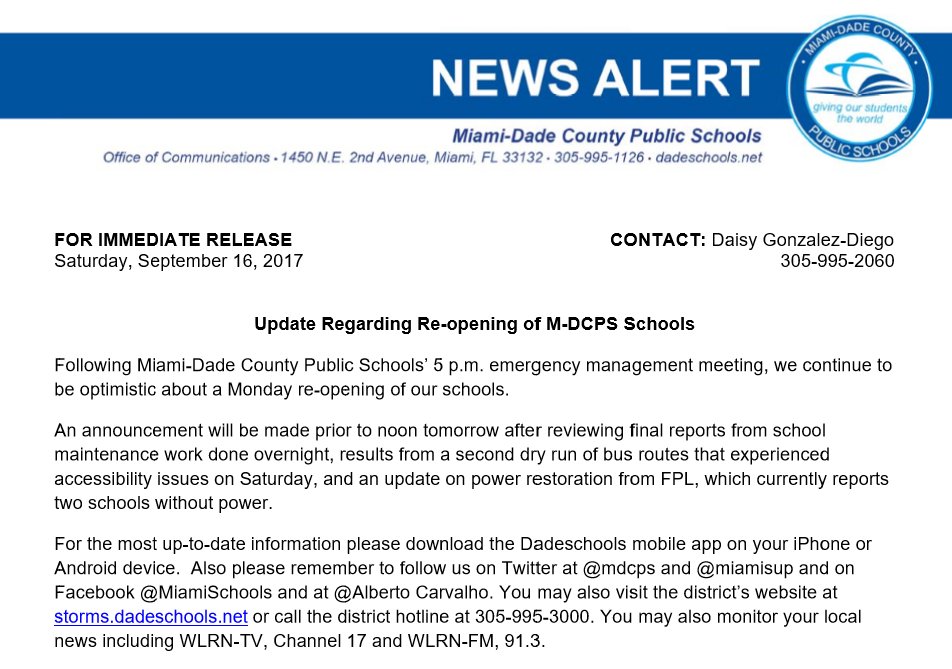 Alberto M. Carvalho (@lausdsup) on Twitter photo Saturday Update Regarding Re-opening of <a href="/MDCPS/">Miami-Dade Schools</a> Schools news.dadeschools.net/cmnc/new/26179 Saturday Update Regarding Re-opening of <a href="/MDCPS/">Miami-Dade Schools</a> Schools news.dadeschools.net/cmnc/new/26179