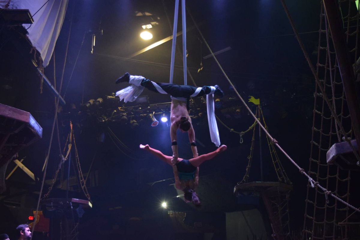 Our amazingly talented green pirate and gypsy rehearsing their aerial acts for our new show! Come see them live 7 days a week!